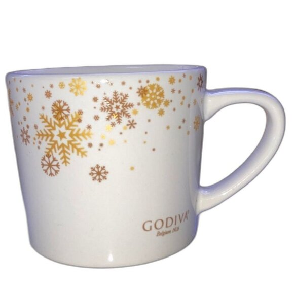 Godiva Belgium 1926 Modern Gourmet Foods Gold Snowflakes Coffee Mug 12 ounce - Picture 1 of 9